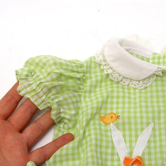 Vintage Baby Girl Green Dress Gingham Checkered Outfit Lightweight Bunny Frills - Picture 9 of 10